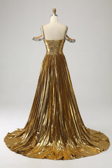 Sparkly Golden Cut Out Beaded A-Line Metallic Pleated Long Prom Dress with Slit
