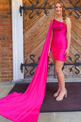 Sparkly Homecoming Dress Fuchsia Satin one shoulder Style Train Bodycon Fitting Short Party Cocktail Dress