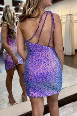 Sparkly Homecoming Dress Purple Sequin one shoulder Style Bodycon Fitting with Fringes Short Party Cocktail Dress