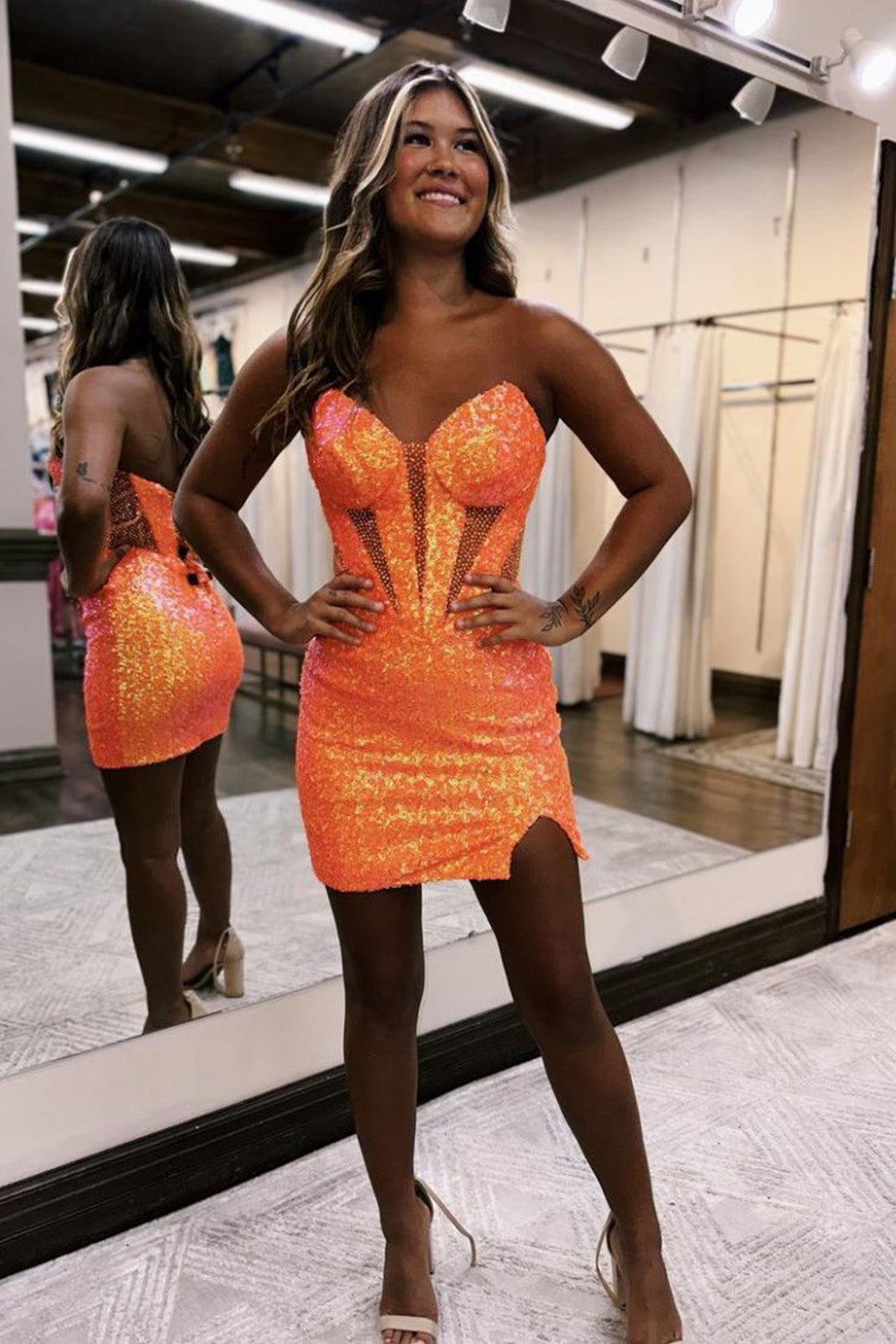 Sparkly Homecoming Dress Strapless Bodycon Sequin Style with Slit Short Party Cocktail Dress