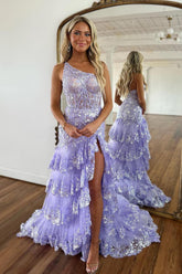 Sparkly Lilac One Shoulder Tiered Lace Long Prom Dress with Slit