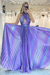 Sparkly Prom Dress A Line Halter Neck Long Evening Dress With Side Slit