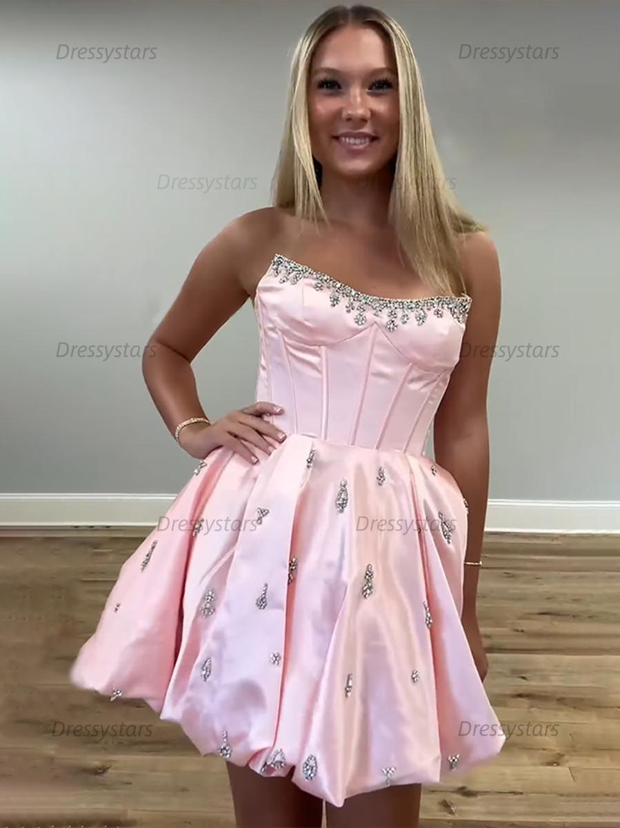 Dressystars Sparkly Satin A Line Short Corset Homecoming Dress with Rhinestones