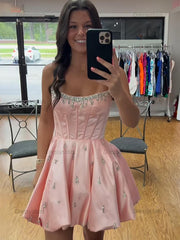 Dressystars Sparkly Satin A Line Short Corset Homecoming Dress with Rhinestones