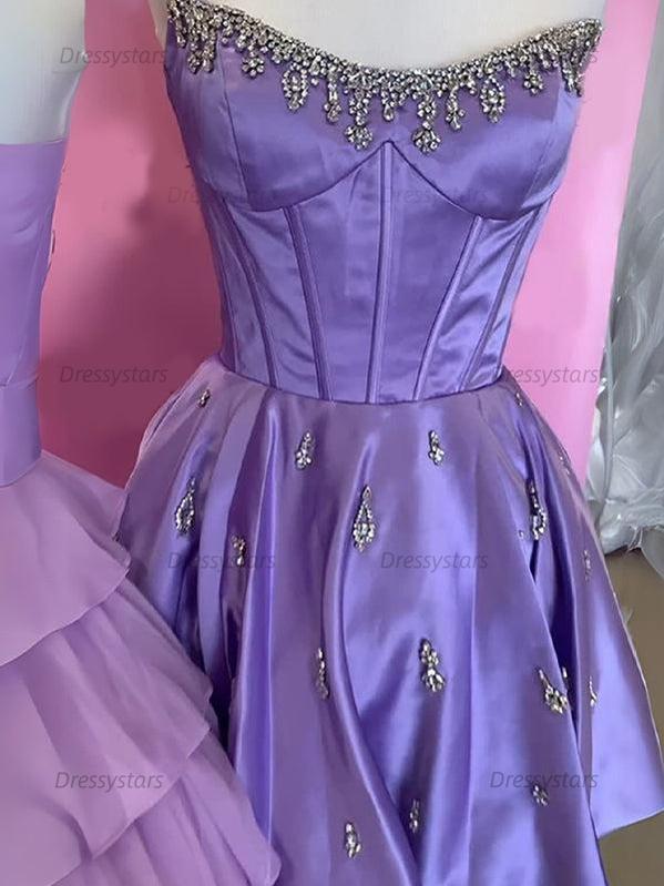 Dressystars Sparkly Satin A Line Short Corset Homecoming Dress with Rhinestones
