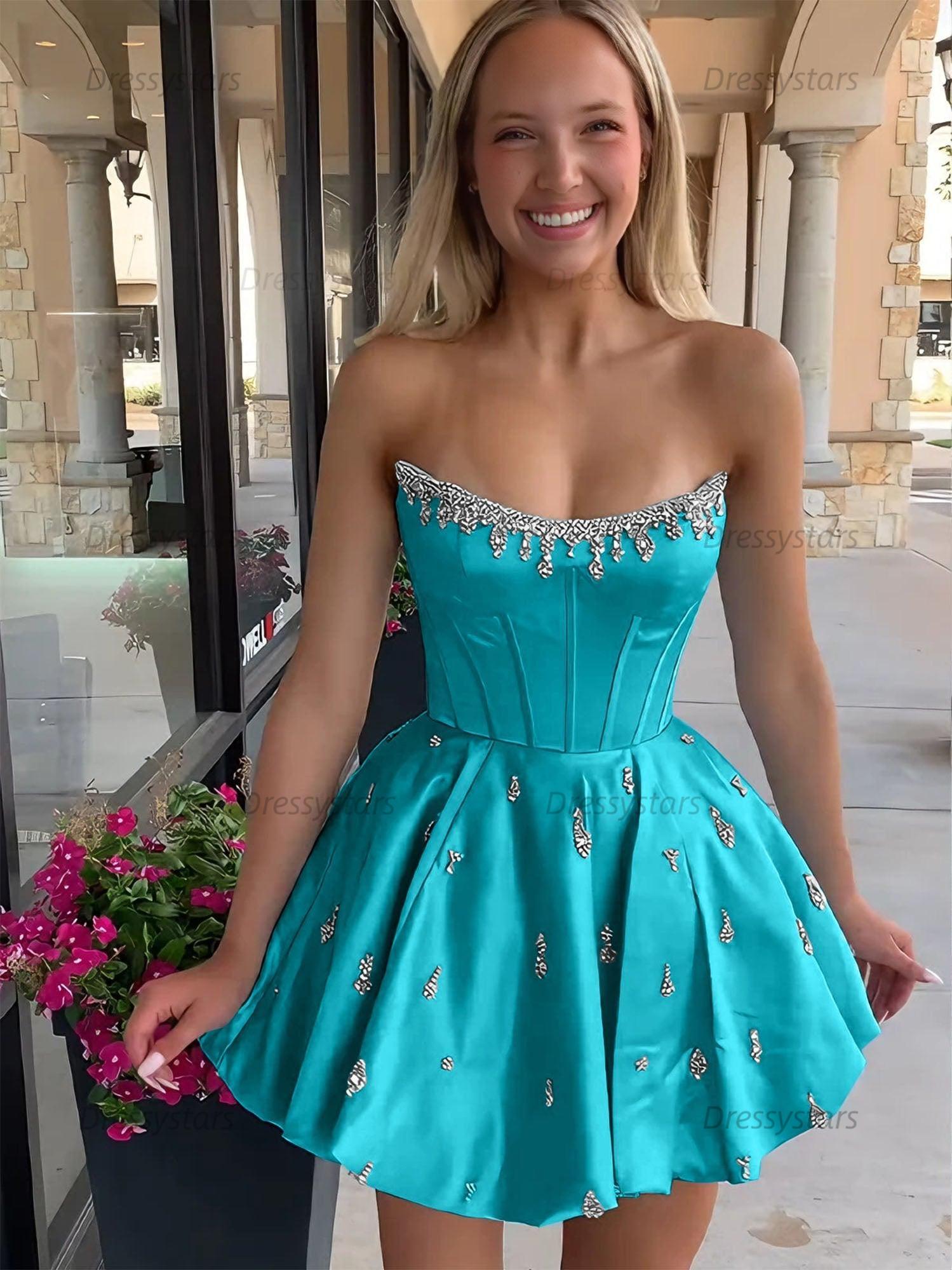 Dressystars Sparkly Satin A Line Short Corset Homecoming Dress with Rhinestones