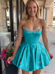 Dressystars Sparkly Satin A Line Short Corset Homecoming Dress with Rhinestones