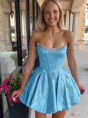 Dressystars Sparkly Satin A Line Short Corset Homecoming Dress with Rhinestones