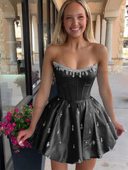 Dressystars Sparkly Satin A Line Short Corset Homecoming Dress with Rhinestones