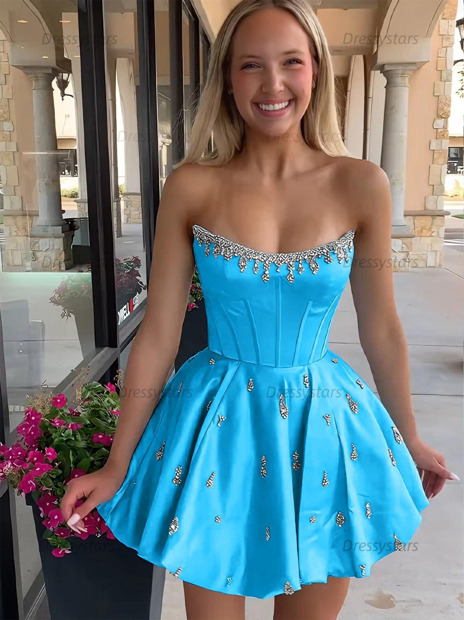Dressystars Sparkly Satin A Line Short Corset Homecoming Dress with Rhinestones