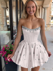 Dressystars Sparkly Satin A Line Short Corset Homecoming Dress with Rhinestones