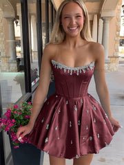 Dressystars Sparkly Satin A Line Short Corset Homecoming Dress with Rhinestones