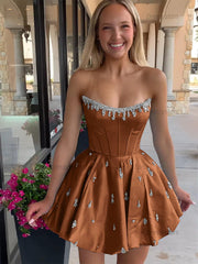 Dressystars Sparkly Satin A Line Short Corset Homecoming Dress with Rhinestones