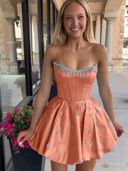 Dressystars Sparkly Satin A Line Short Corset Homecoming Dress with Rhinestones