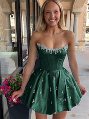 Dressystars Sparkly Satin A Line Short Corset Homecoming Dress with Rhinestones
