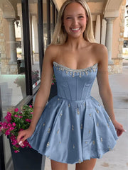 Dressystars Sparkly Satin A Line Short Corset Homecoming Dress with Rhinestones