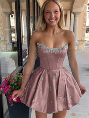 Dressystars Sparkly Satin A Line Short Corset Homecoming Dress with Rhinestones