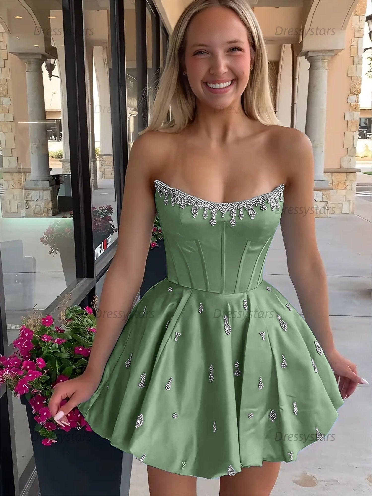 Dressystars Sparkly Satin A Line Short Corset Homecoming Dress with Rhinestones