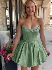 Dressystars Sparkly Satin A Line Short Corset Homecoming Dress with Rhinestones
