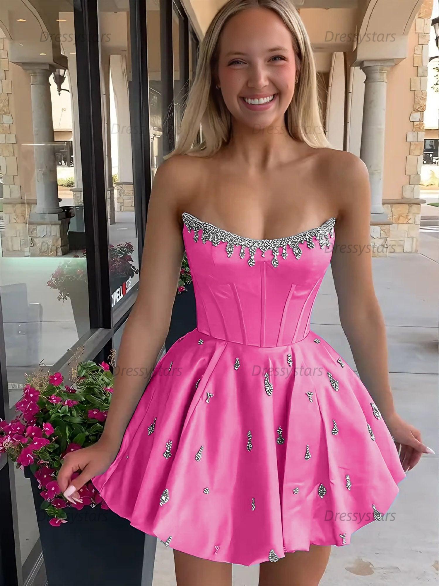 Dressystars Sparkly Satin A Line Short Corset Homecoming Dress with Rhinestones