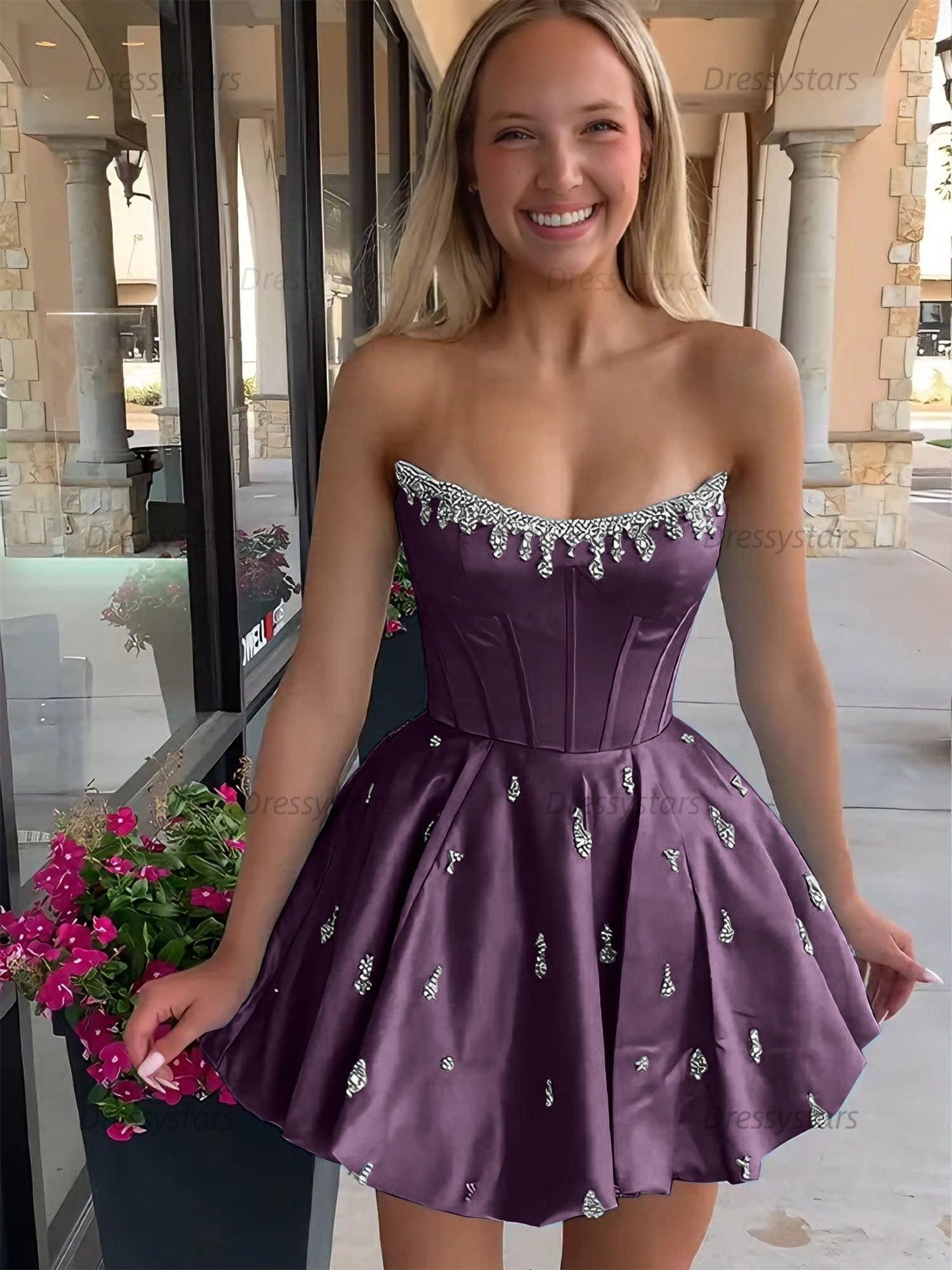 Dressystars Sparkly Satin A Line Short Corset Homecoming Dress with Rhinestones