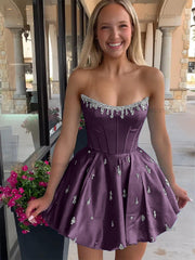 Dressystars Sparkly Satin A Line Short Corset Homecoming Dress with Rhinestones