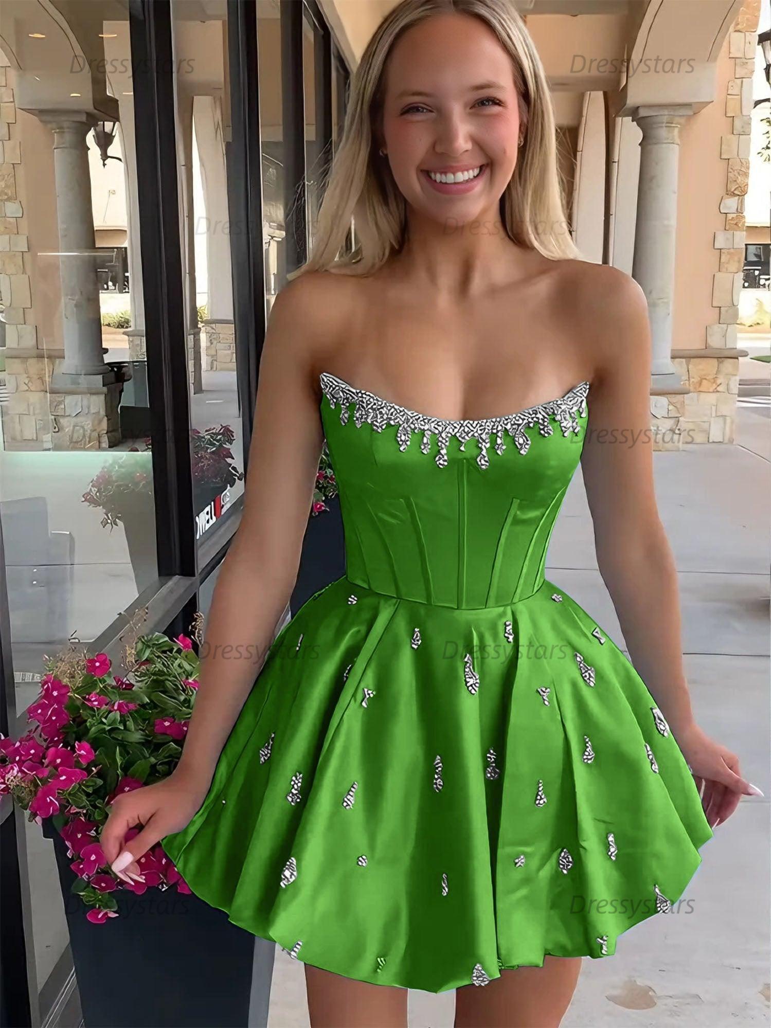 Dressystars Sparkly Satin A Line Short Corset Homecoming Dress with Rhinestones