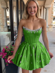 Dressystars Sparkly Satin A Line Short Corset Homecoming Dress with Rhinestones