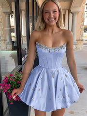 Dressystars Sparkly Satin A Line Short Corset Homecoming Dress with Rhinestones