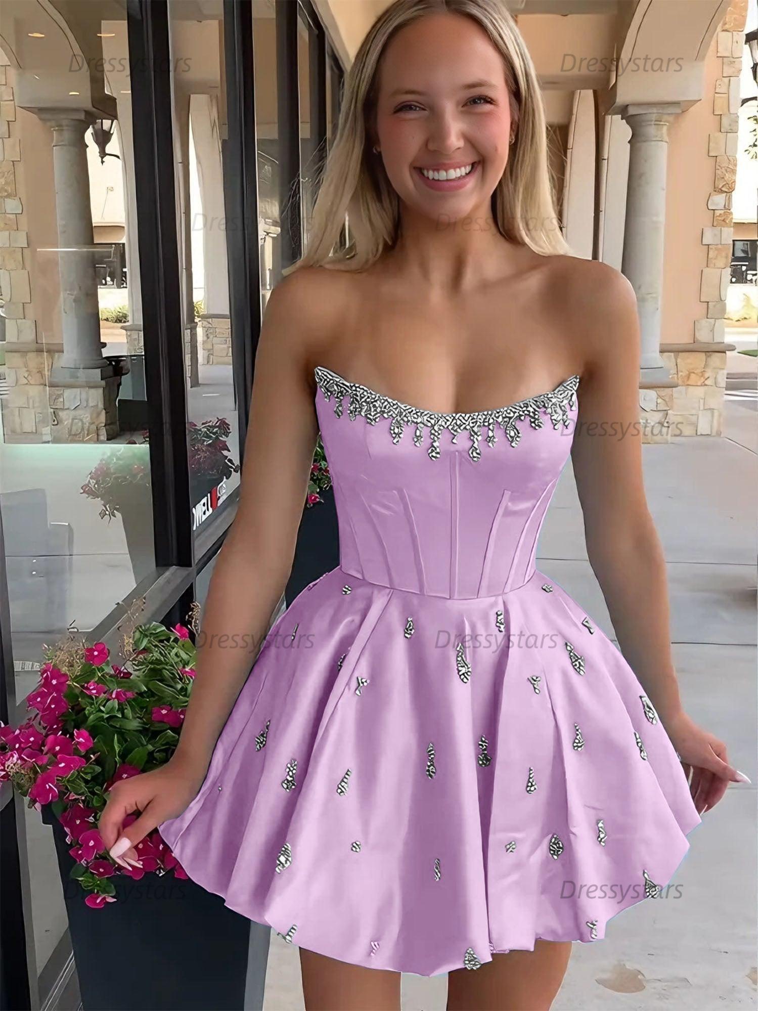 Dressystars Sparkly Satin A Line Short Corset Homecoming Dress with Rhinestones