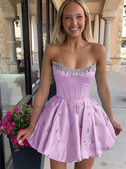 Dressystars Sparkly Satin A Line Short Corset Homecoming Dress with Rhinestones