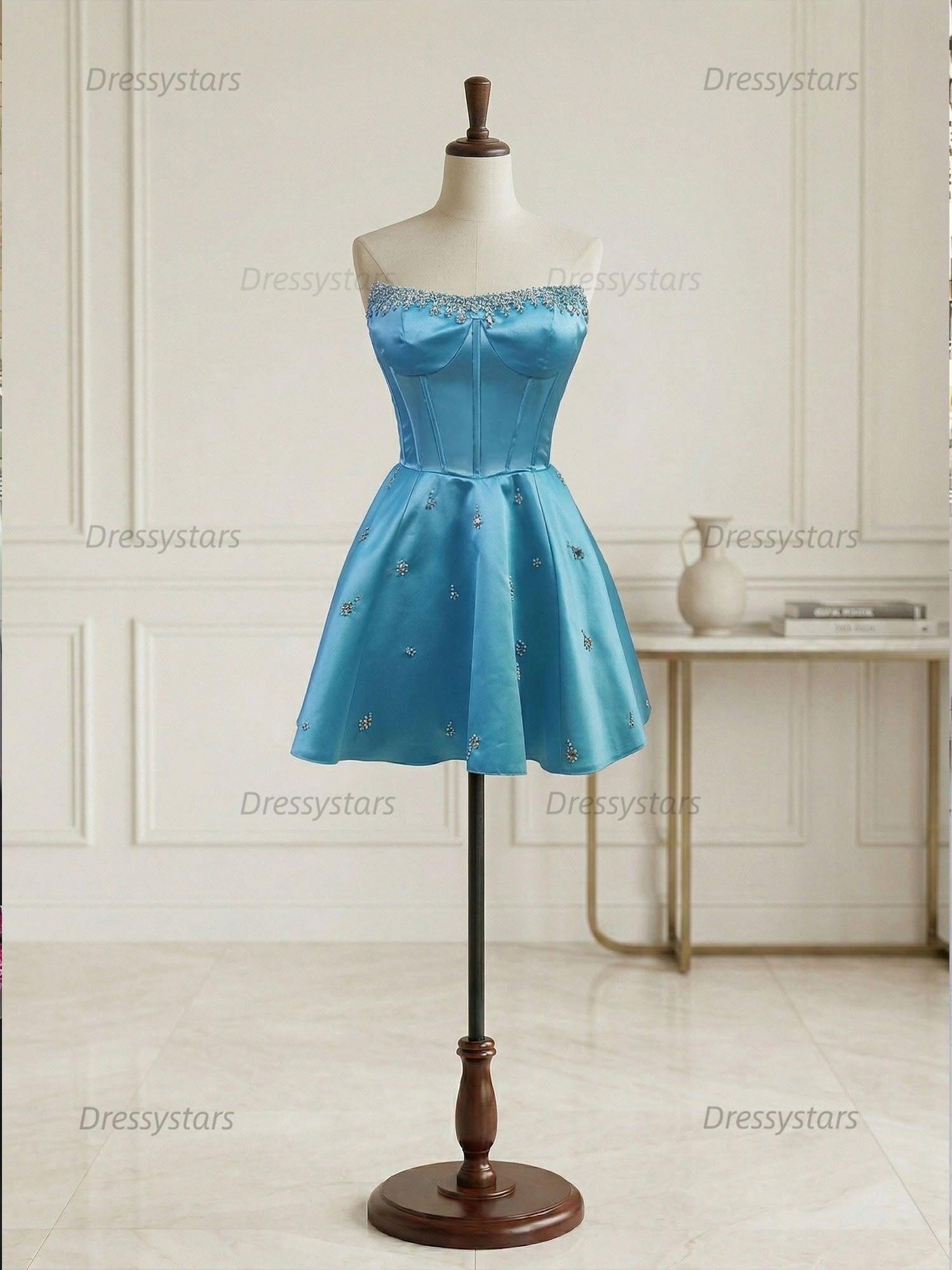 Dressystars Sparkly Satin A Line Short Corset Homecoming Dress with Rhinestones