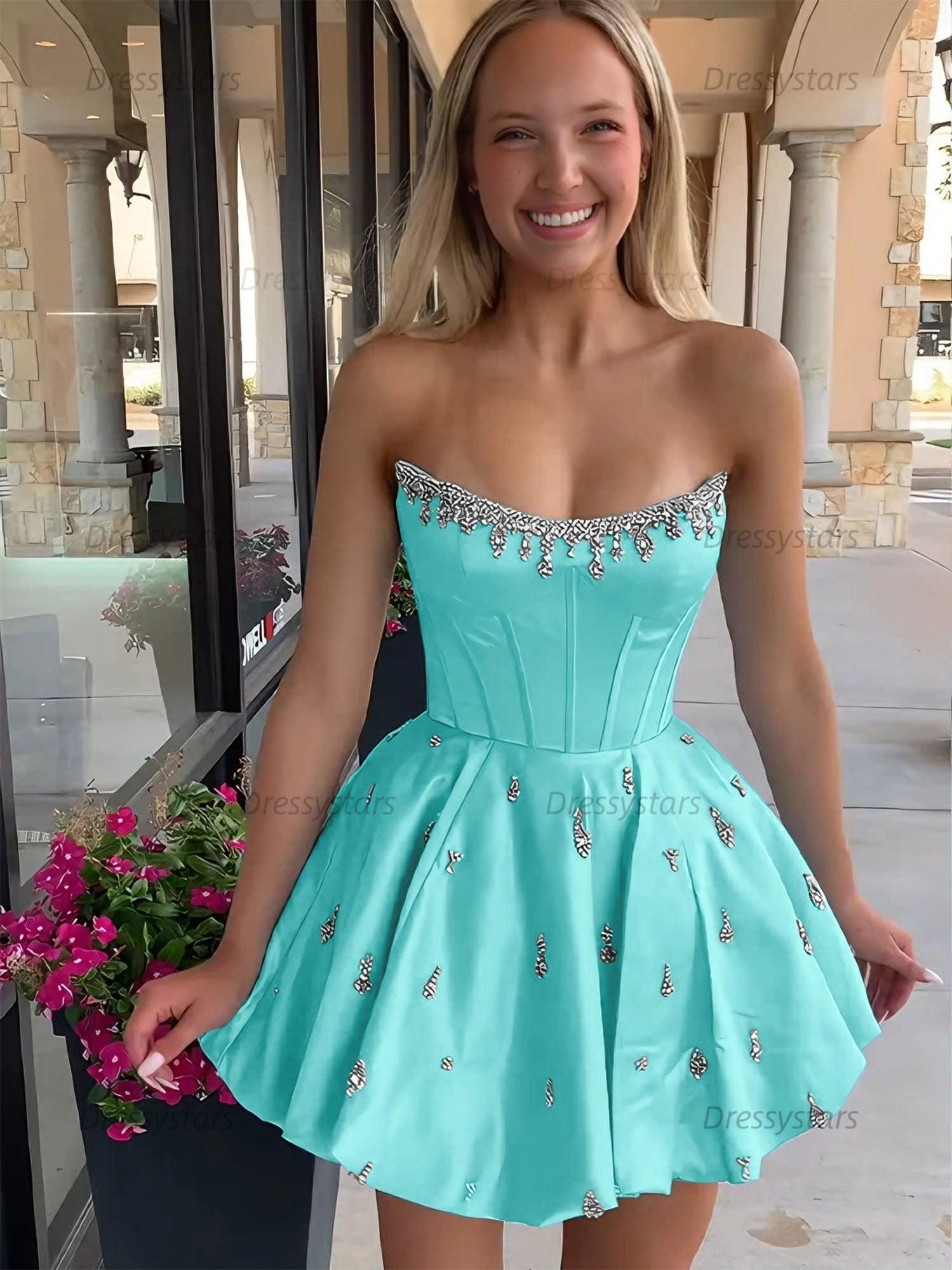 Dressystars Sparkly Satin A Line Short Corset Homecoming Dress with Rhinestones
