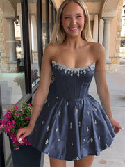Dressystars Sparkly Satin A Line Short Corset Homecoming Dress with Rhinestones