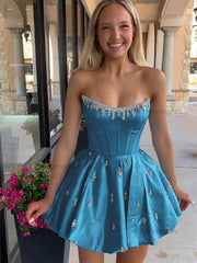 Dressystars Sparkly Satin A Line Short Corset Homecoming Dress with Rhinestones