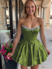 Dressystars Sparkly Satin A Line Short Corset Homecoming Dress with Rhinestones