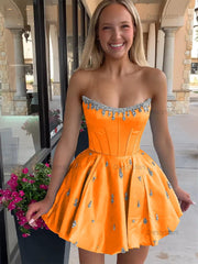 Dressystars Sparkly Satin A Line Short Corset Homecoming Dress with Rhinestones
