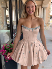 Dressystars Sparkly Satin A Line Short Corset Homecoming Dress with Rhinestones
