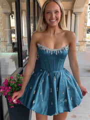 Dressystars Sparkly Satin A Line Short Corset Homecoming Dress with Rhinestones