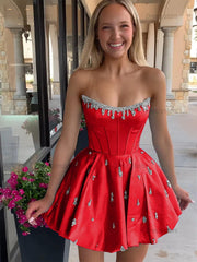 Dressystars Sparkly Satin A Line Short Corset Homecoming Dress with Rhinestones