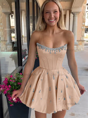 Dressystars Sparkly Satin A Line Short Corset Homecoming Dress with Rhinestones