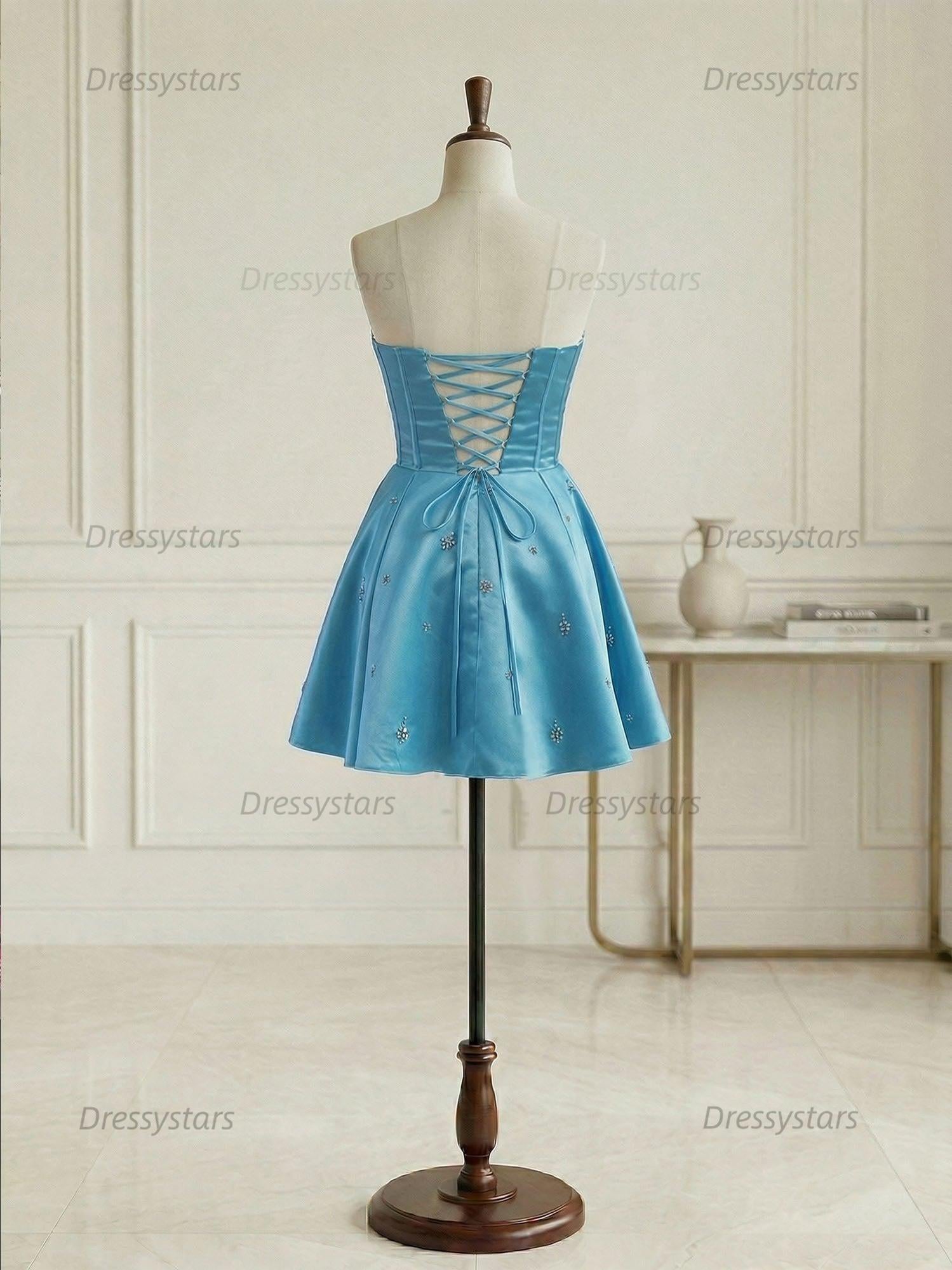 Dressystars Sparkly Satin A Line Short Corset Homecoming Dress with Rhinestones