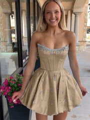 Dressystars Sparkly Satin A Line Short Corset Homecoming Dress with Rhinestones