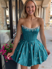 Dressystars Sparkly Satin A Line Short Corset Homecoming Dress with Rhinestones