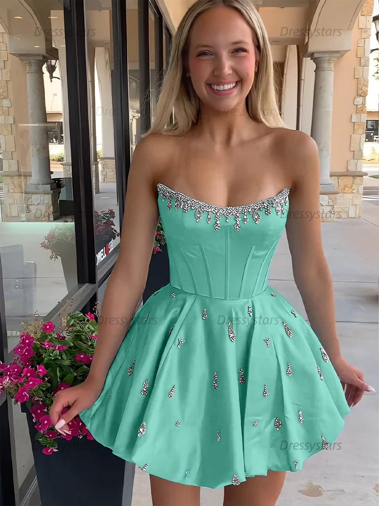 Dressystars Sparkly Satin A Line Short Corset Homecoming Dress with Rhinestones