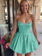 Dressystars Sparkly Satin A Line Short Corset Homecoming Dress with Rhinestones