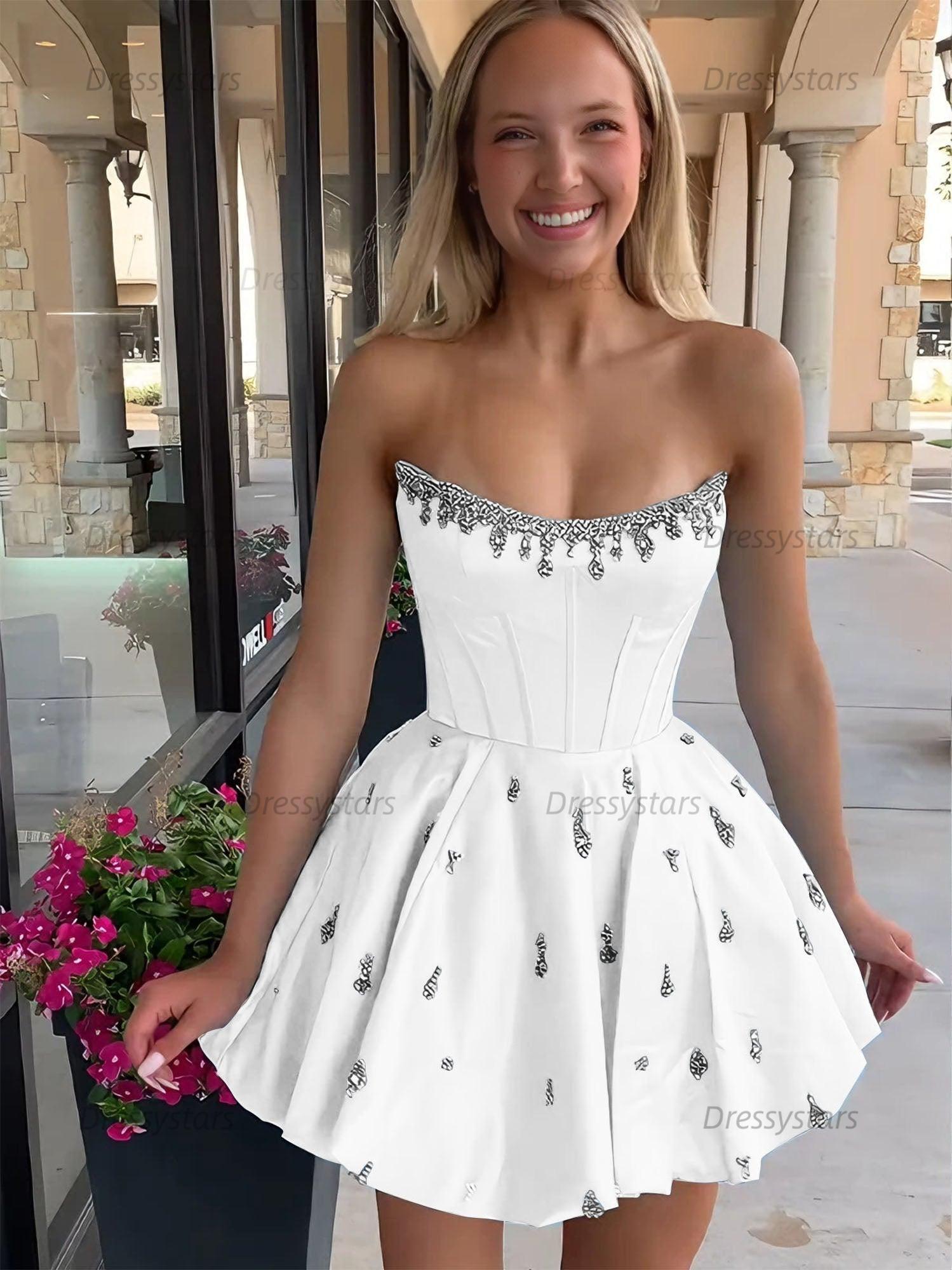 Dressystars Sparkly Satin A Line Short Corset Homecoming Dress with Rhinestones