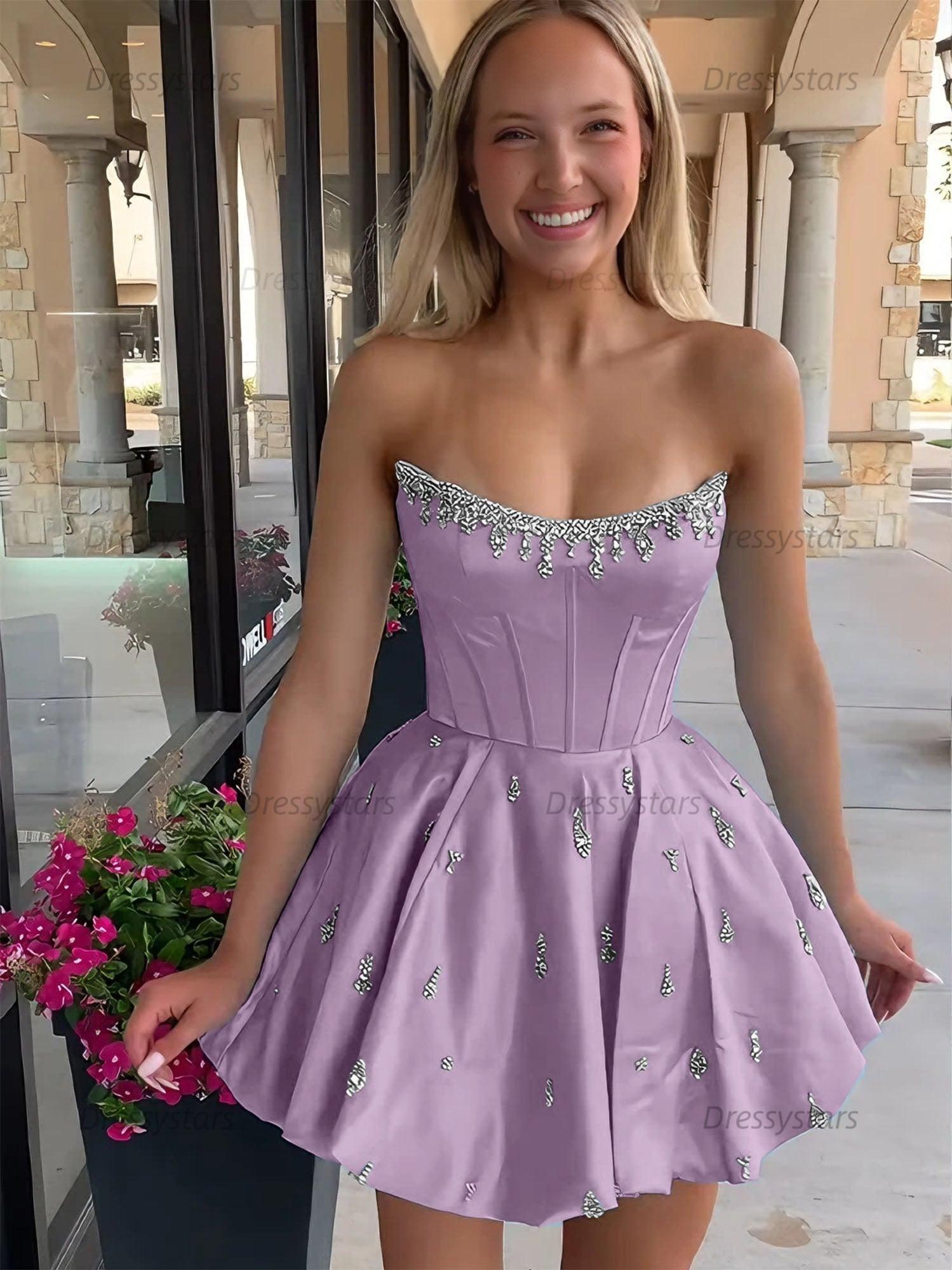 Dressystars Sparkly Satin A Line Short Corset Homecoming Dress with Rhinestones