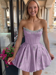 Dressystars Sparkly Satin A Line Short Corset Homecoming Dress with Rhinestones