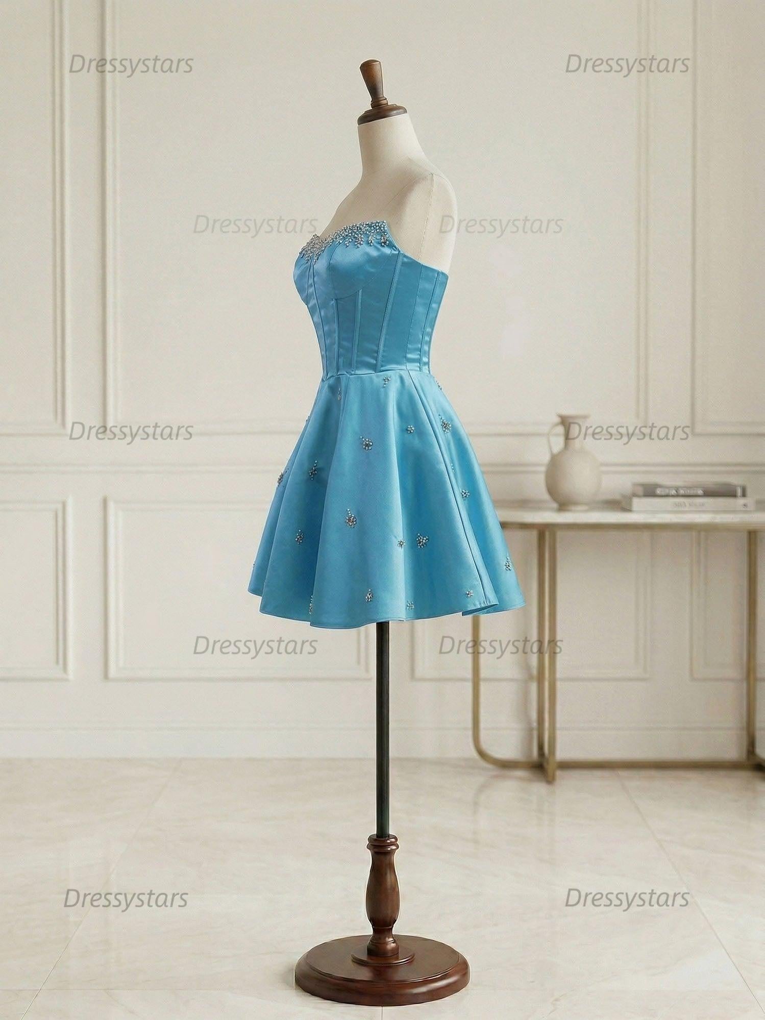 Dressystars Sparkly Satin A Line Short Corset Homecoming Dress with Rhinestones